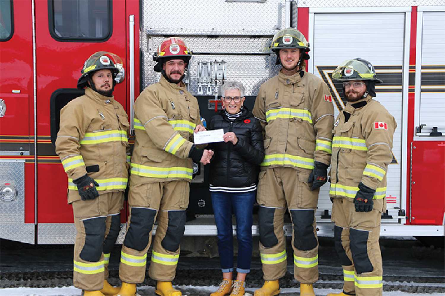 After winning $3,000 at the Nutrien Firefighter Rodeo, the Nutrien Rocanville Firefighter team decided to donate their winning prize to Crohn’s & Colitis Canada last Tuesday. From left to right are, Braden Brule and Jacob Porter of Nutrien Rocanville Firefighter Team, Nancy Apshkrum organizer for Crohn’s & Colitis Foundation in Moosomin, Andrew Daniel and Ace Brown of Nutrien Rocanville Firefighter Team. Missing: Jon Lucas.
